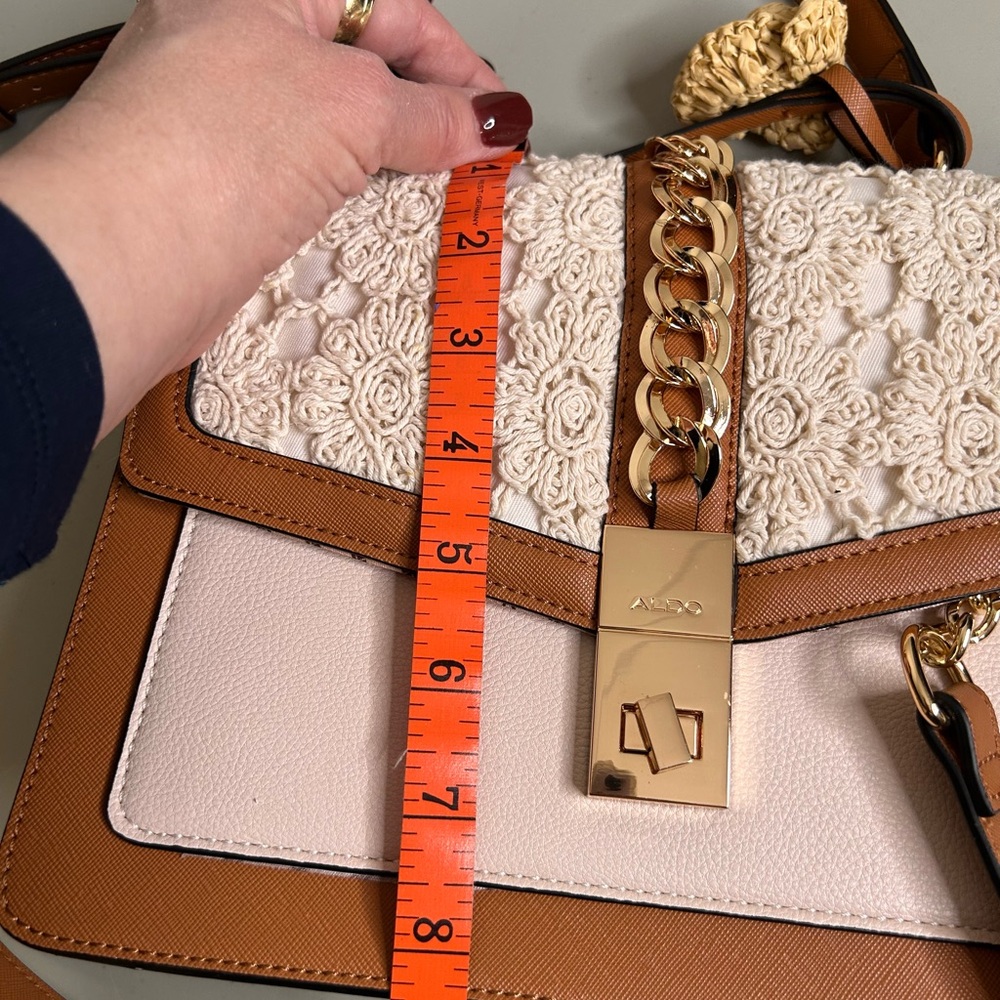 Aldo Pink and Brown Crossbody Bag with Crochet & Chain Detail Top Handle - Picture 6 of 8